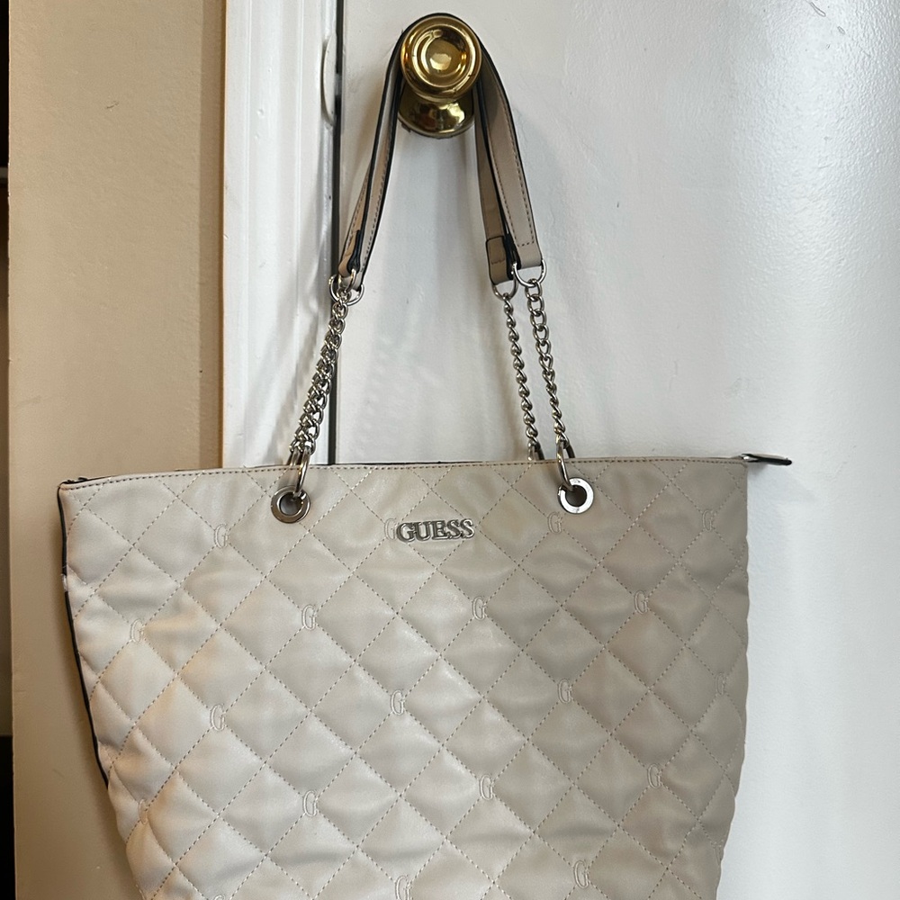 GUESS Quilted Beige Tote with Chain Straps